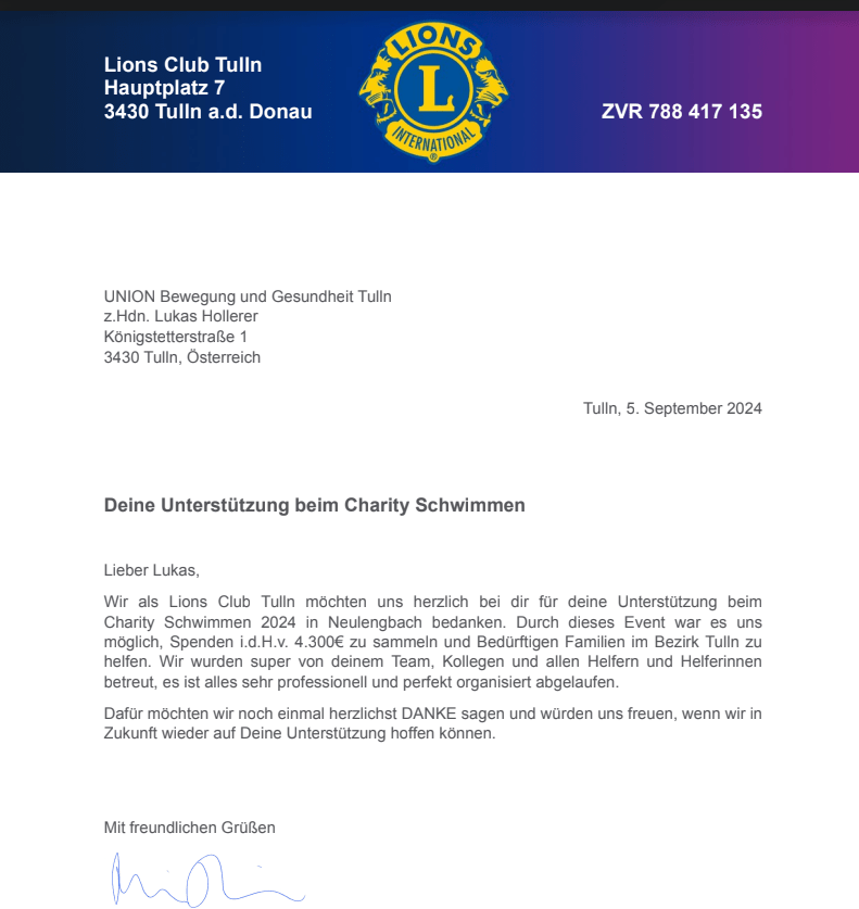 Lions Club Tulln&nbsp;Dankschreiben